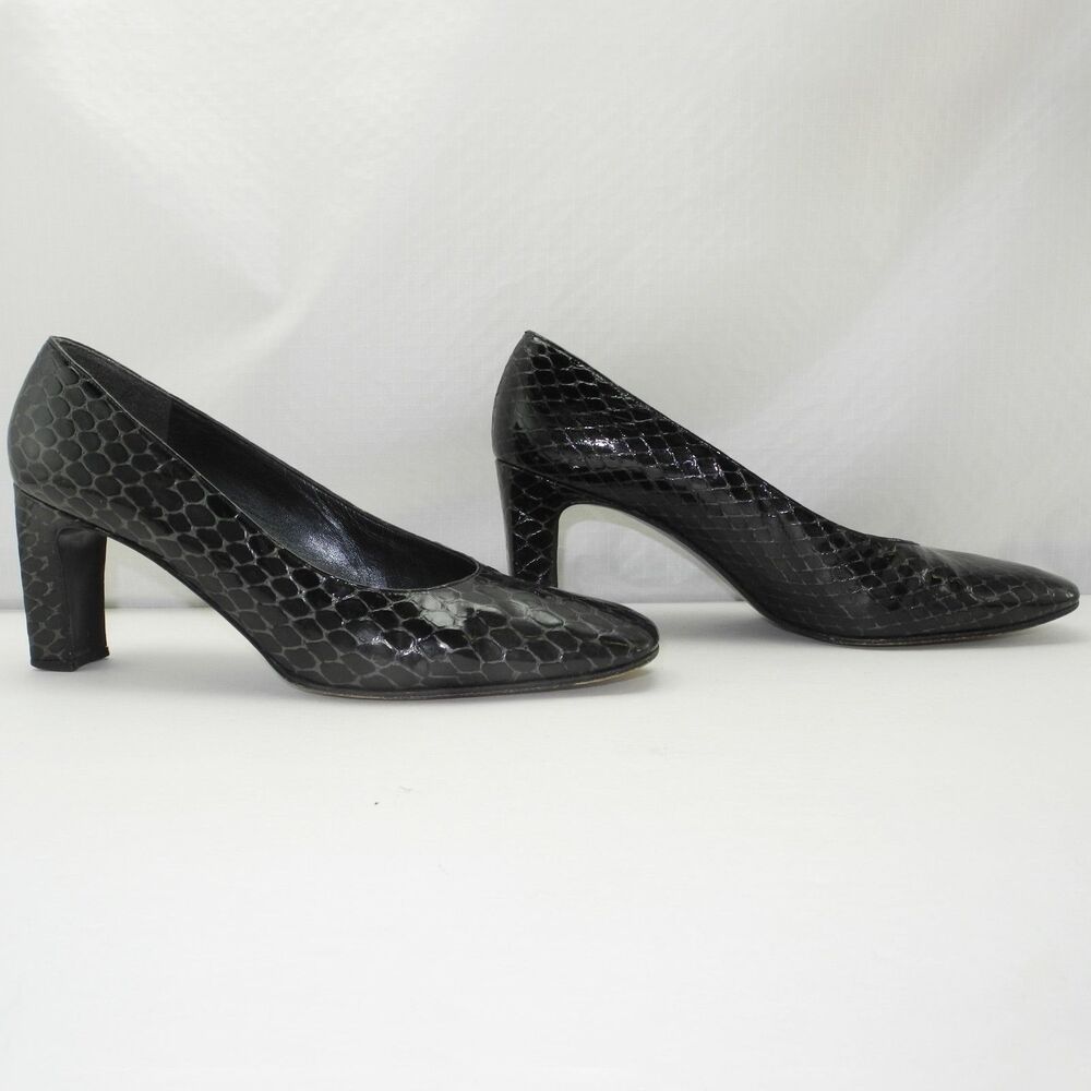 Stuart Weitzman Pumps Women's 8.5 Narrow Black Embossed Reptile Patent Leather